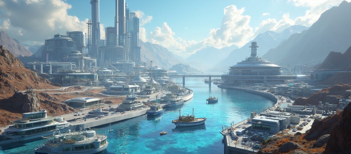 Futuristic cityscape with industrial buildings, a blue river, and boats under a clear sky.