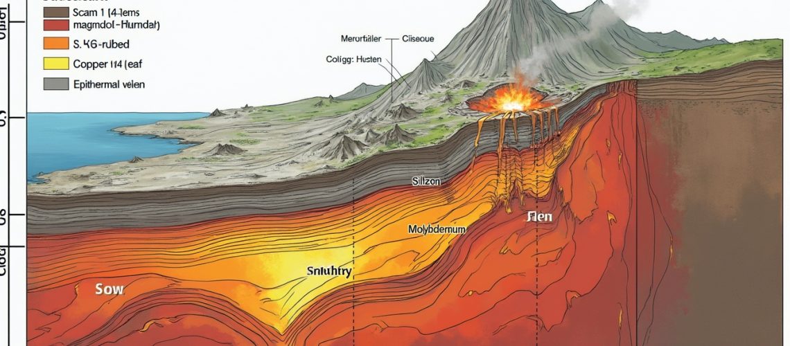 Cross-section of a volcano showing labeled geological layers and lava flow paths.