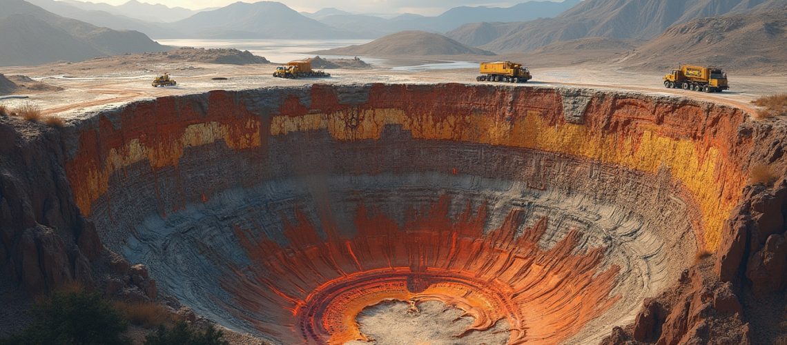 A large mining pit with vibrant red and yellow soil, surrounded by trucks under a cloudy sky.