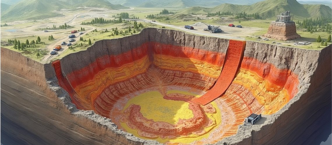 Colorful layers of a giant man-made crater with cars and machinery nearby, set in a mountainous area.