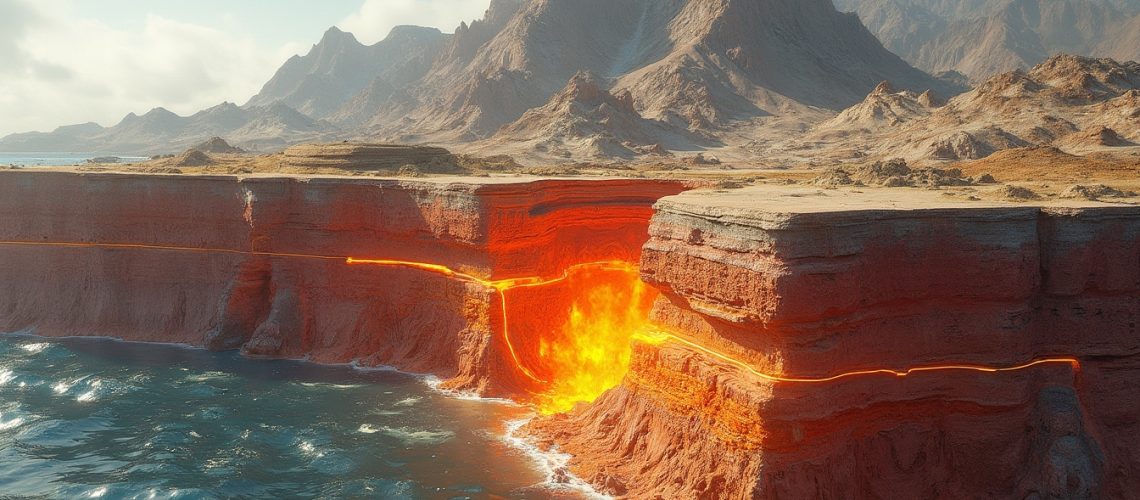 Volcanic landscape with glowing lava flow.