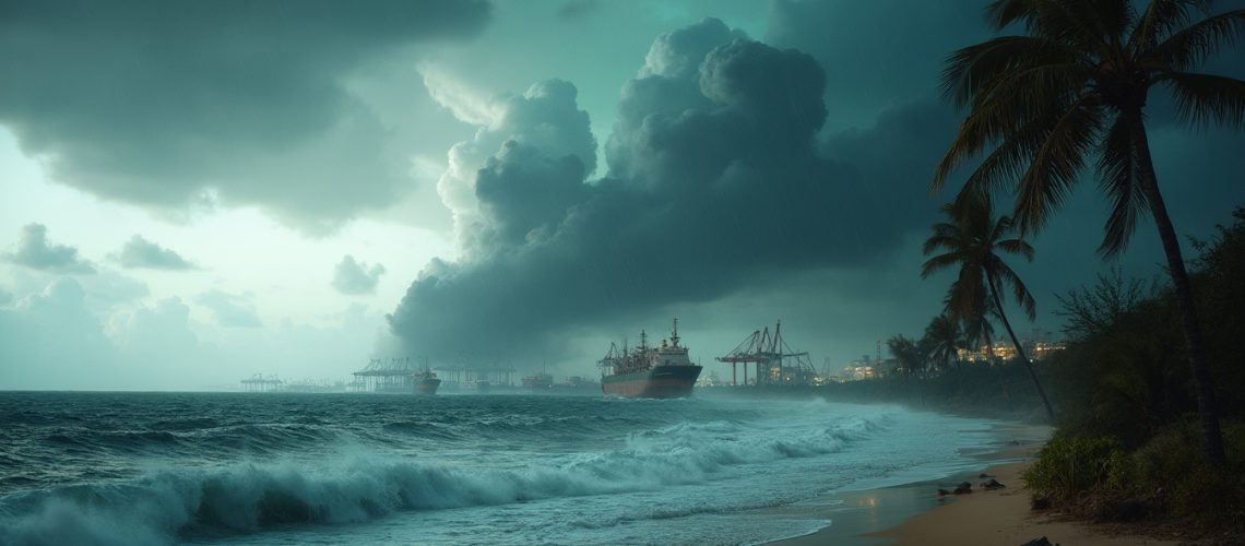 Stormy beach with palm trees, large waves, and ships near a port under dramatic, dark clouds.