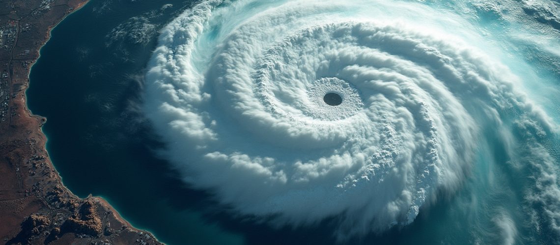 Aerial view of a massive swirling hurricane over the ocean near a coastline.