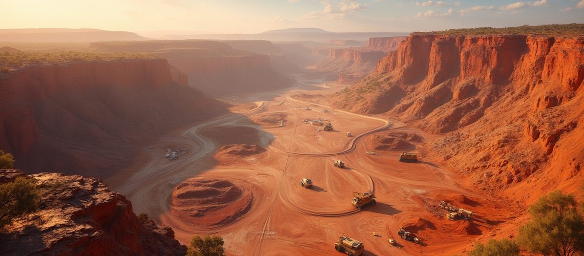 Sunlit red canyon with construction vehicles on a winding dirt path.