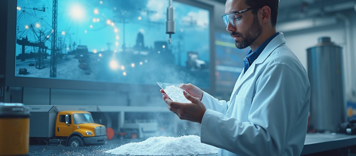 Scientist analyzing materials in a lab with industrial equipment and a city image in the background.