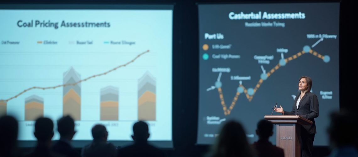 Person presenting data on coal pricing and casherbal assessments to an audience in a dimly lit room.