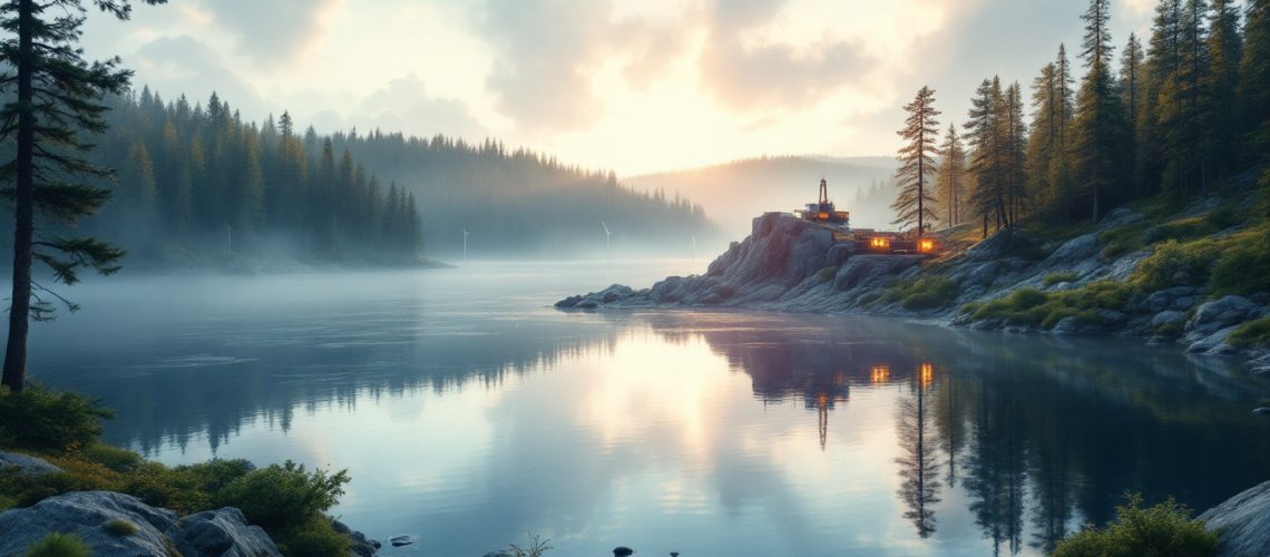 Prospech Ltd-PRS-Serene lakeside morning with mist, pine trees, and a cozy cabin on a rocky hill reflecting in water.