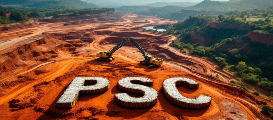 Prospect Resources Ltd-PSC-Excavators form "PSC" on red earth, surrounded by rugged terrain and distant hills.