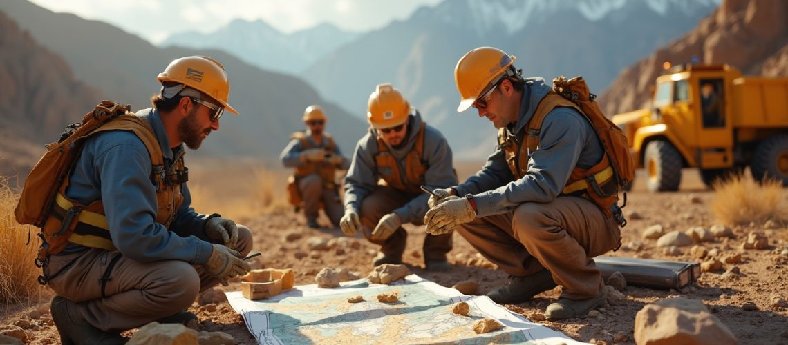 Geologists examine maps for gold prospects.