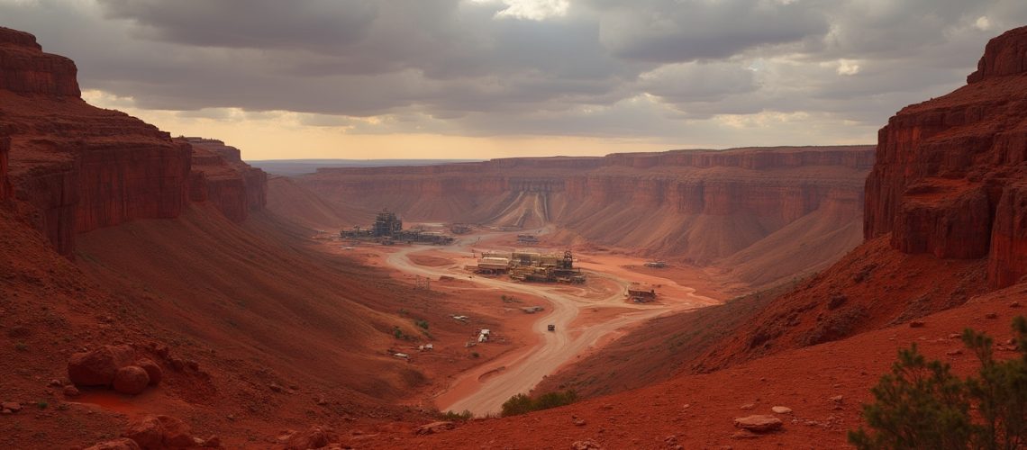 Rugged red landscape, mining site, Western Australia.