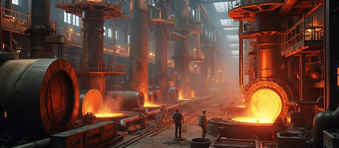 Industrial foundry with molten metal and workers, surrounded by massive machinery and glowing furnaces.