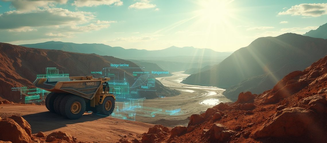 Sunny mining landscape with futuristic technology.