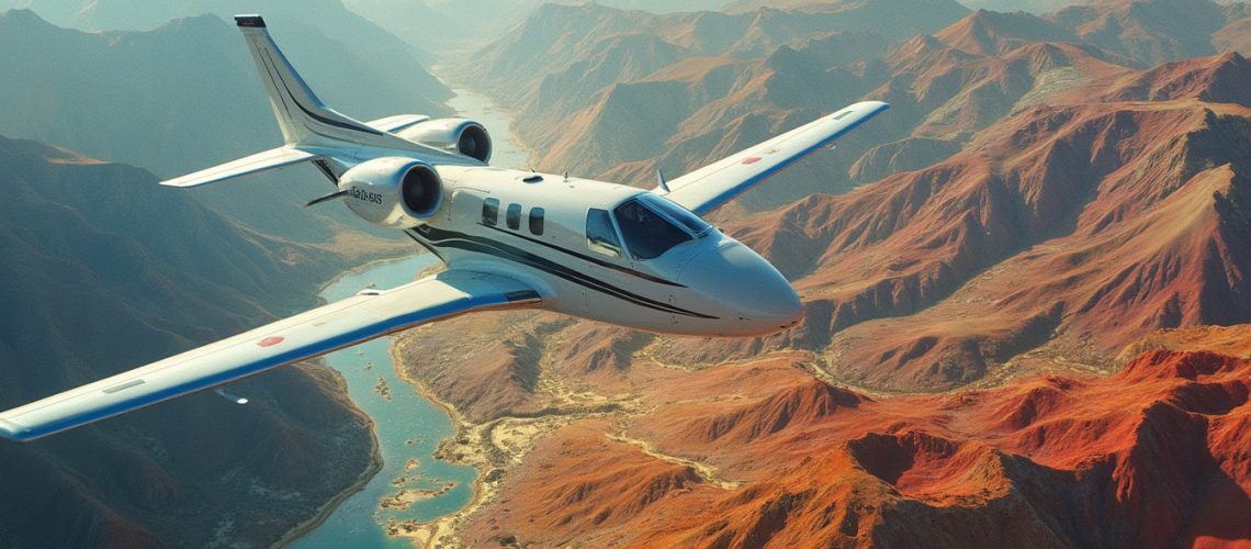 Small airplane flying over rugged, orange-tinted mountains with a winding river below.