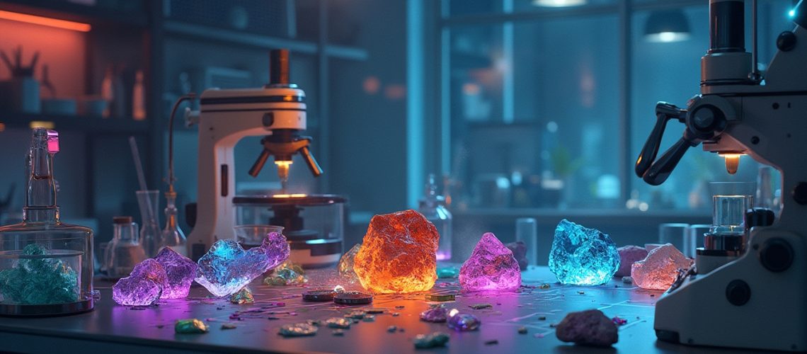 Rare Earth elements under microscopes, glowing.