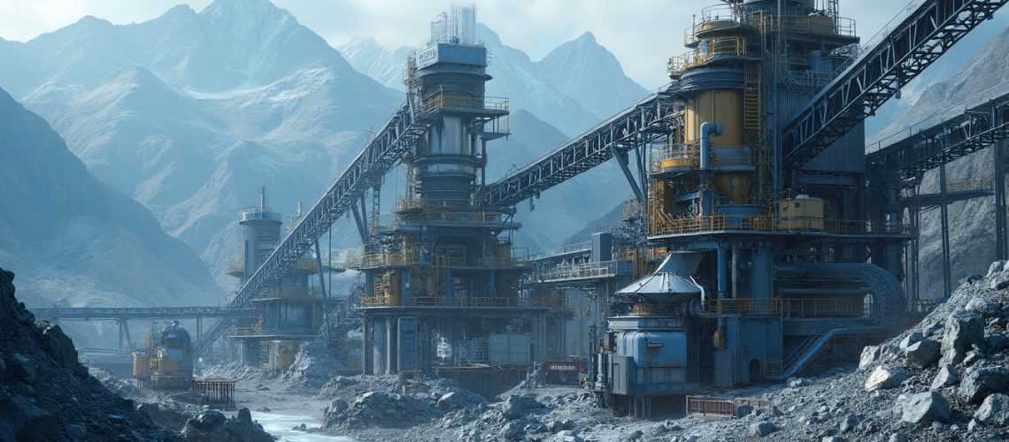 Industrial site amid mountainous landscape.