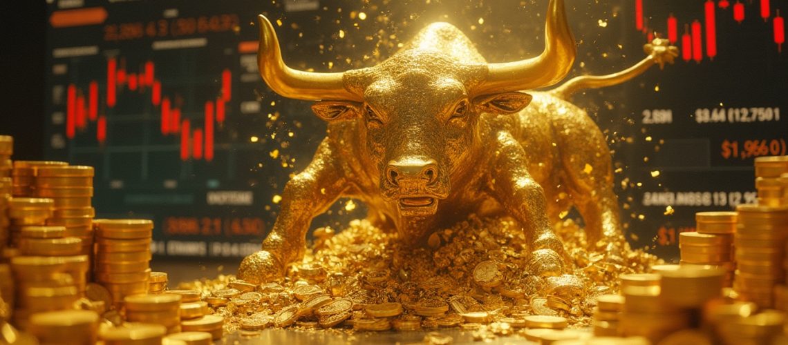 Golden bull surrounded by coins, financial graphs in background.