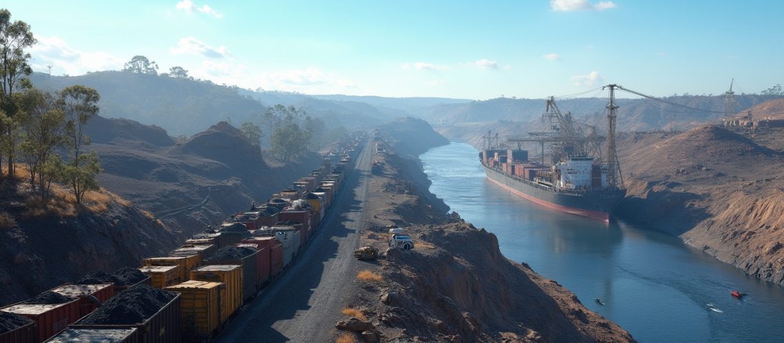 Industrial harbor at sunset with cargo ship and cranes, smoke billowing from chimneys.