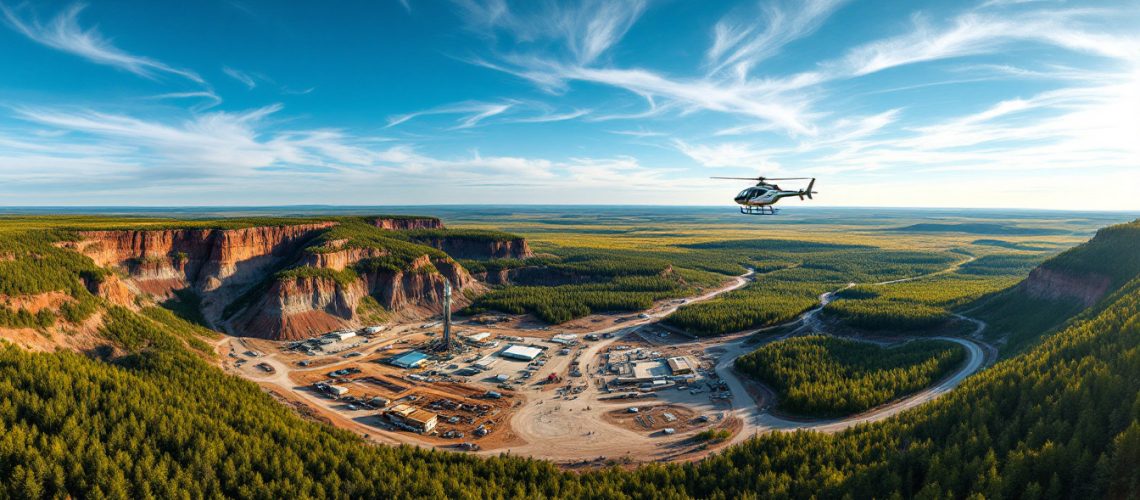 Red Mountain Mining Ltd-RMX-Aerial view of a helicopter flying over a vast forest landscape with cliffs and an industrial site.