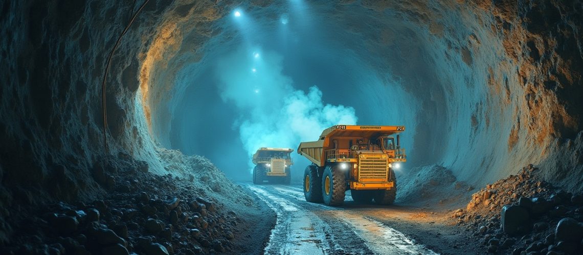 Two large dump trucks in an illuminated underground tunnel, with blue light and dust in the background.