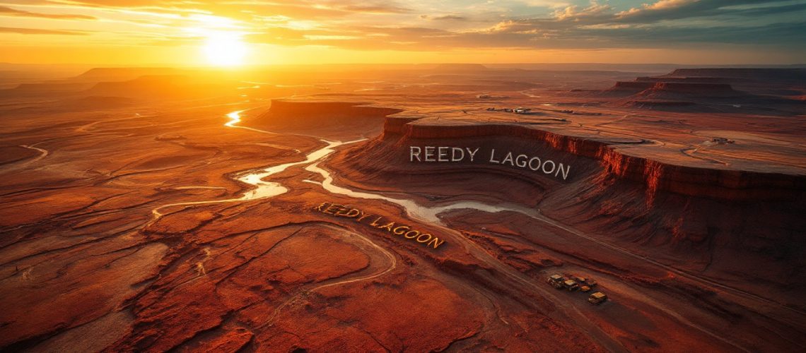 Reedy Lagoon Corporation Ltd-RLC-Sunset over Reedy Lagoon; golden light on a winding river through a dramatic desert canyon landscape.