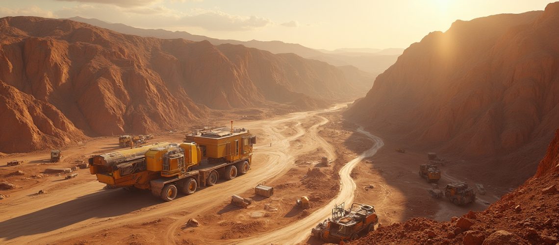 Futuristic vehicles on a dusty alien landscape at sunset, surrounded by rocky hills.