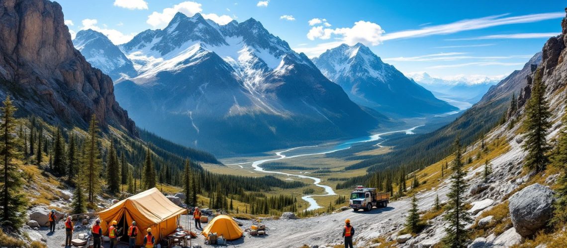 Renegade Exploration Ltd-RNX-Campers near orange tents in a mountainous landscape with a winding river under a clear blue sky.