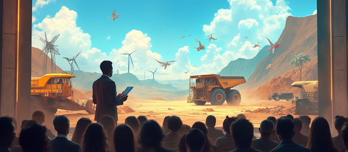 Audience watches futuristic desert scene with wind turbines and flying vehicles on a large screen.