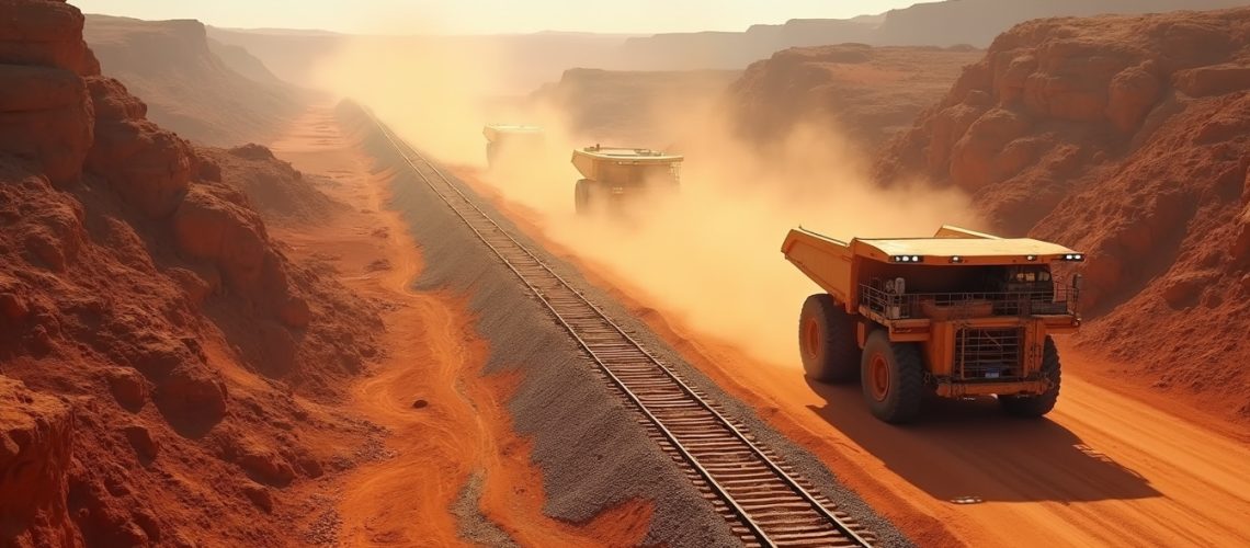 Mining trucks in arid landscape.