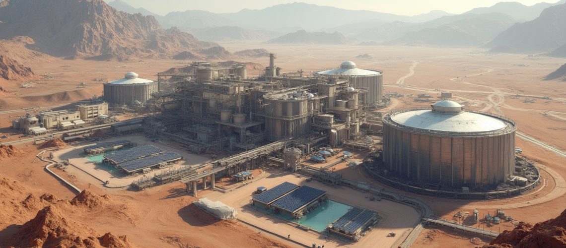 Futuristic desert facility with large circular structures and solar panels, surrounded by mountains.