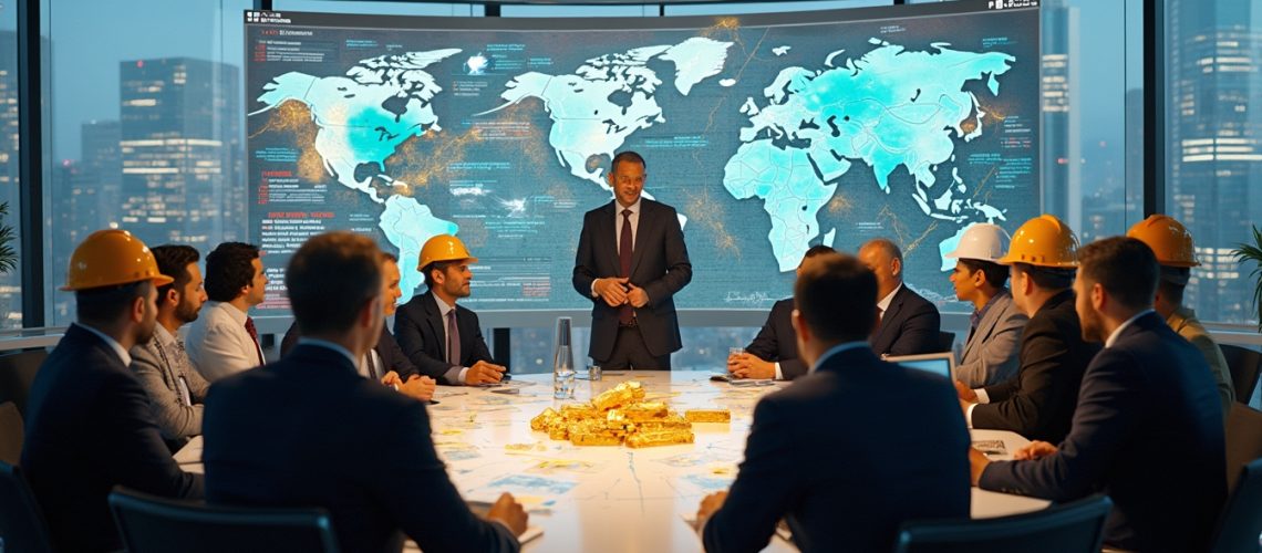 Business meeting with a world map screen, people in suits and hard hats, gold bars on the table.