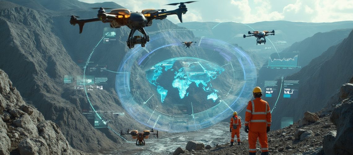 Drones flying above a mountainous landscape with a digital world map overlay.