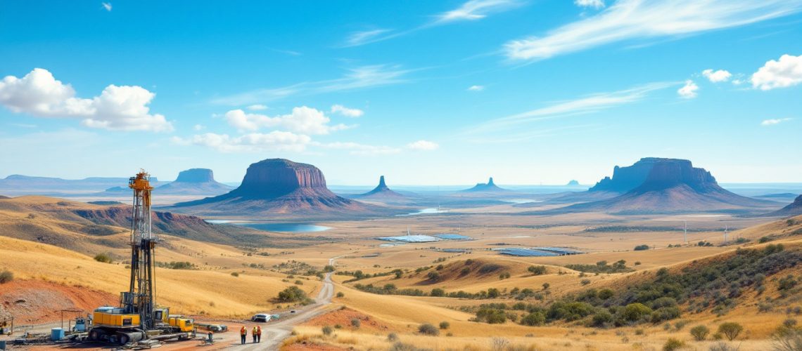 Rimfire Pacific Mining Ltd-RIM-Desert landscape with mesas, drilling rig, and workers under a bright blue sky.