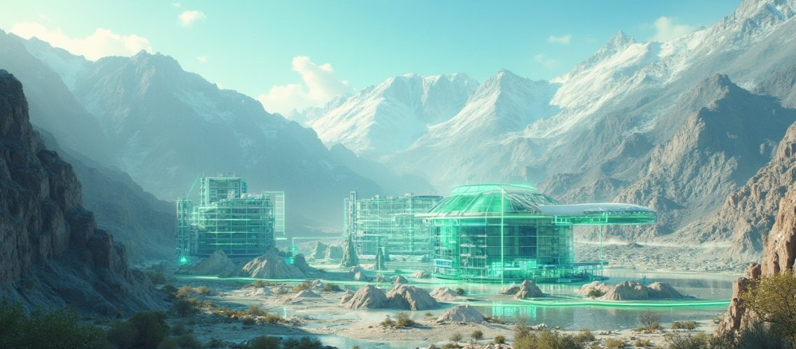 Futuristic glass structures in a mountain valley, surrounded by snow-capped peaks and a clear sky.