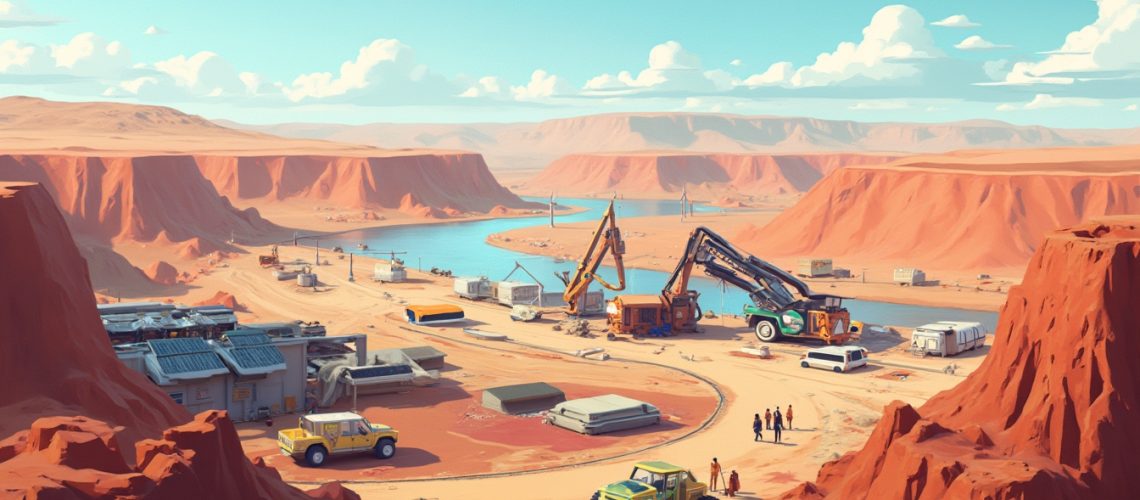 Desert construction site with river, cranes, trucks, and people under a bright blue sky.