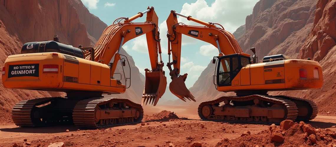 Two yellow excavators facing each other in a rocky, red desert landscape under a blue sky.