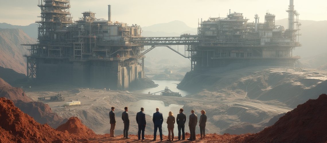 People observing a large, industrial complex in a barren, dusty landscape.