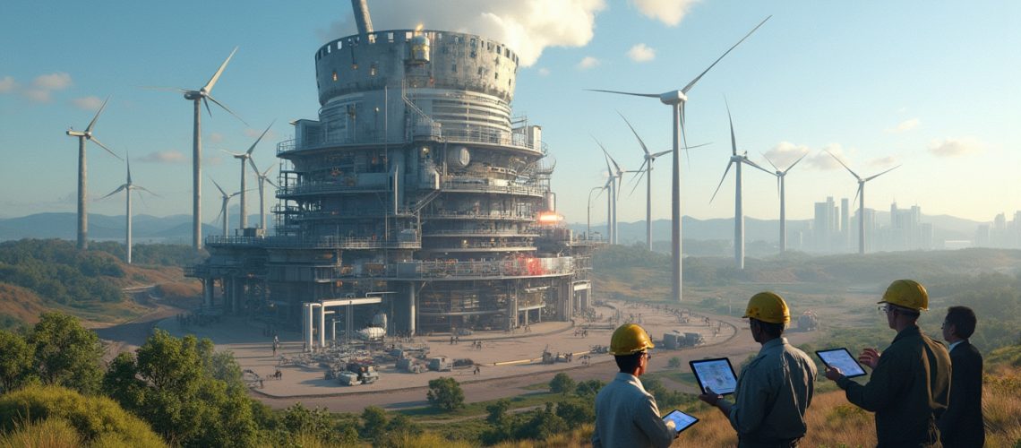 Engineers oversee a futuristic industrial site surrounded by wind turbines in a lush landscape.