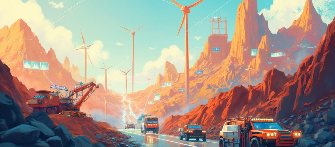 Futuristic vehicles and wind turbines in a rocky, vibrant landscape with blue sky.