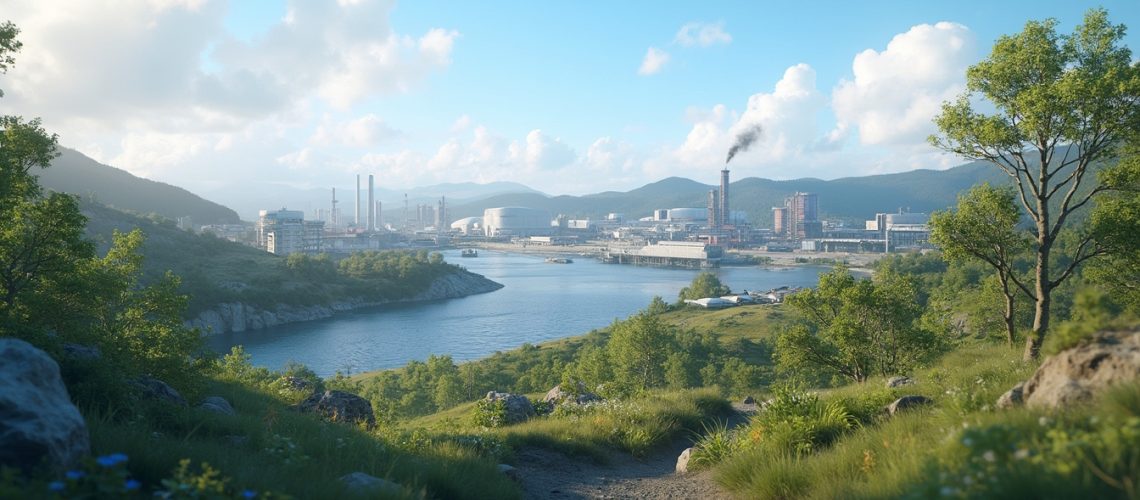 Scenic landscape with a lush foreground, river, and industrial city under a bright blue sky.