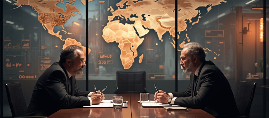 Two men in suits have a meeting in a modern conference room with a world map on the glass wall.