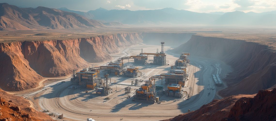 Aerial view of a mining operation in a desert canyon with machinery and rugged mountains.