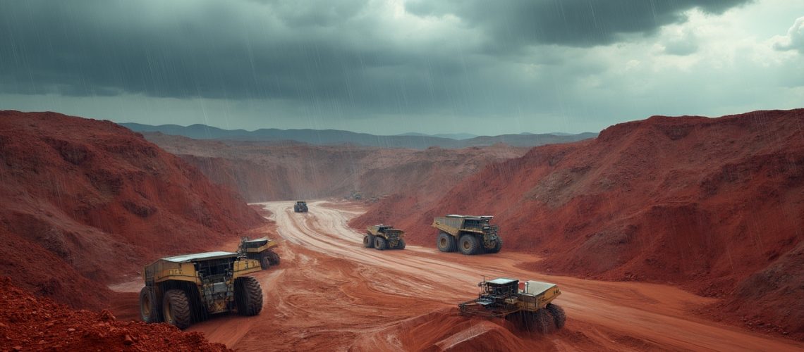 Heavy trucks navigating a muddy open-pit mine under a cloudy sky with rain falling.