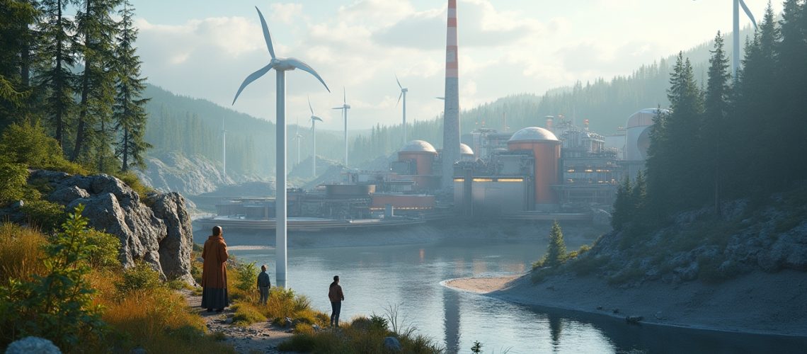 Two people walking by a river with wind turbines and an industrial plant in the background.