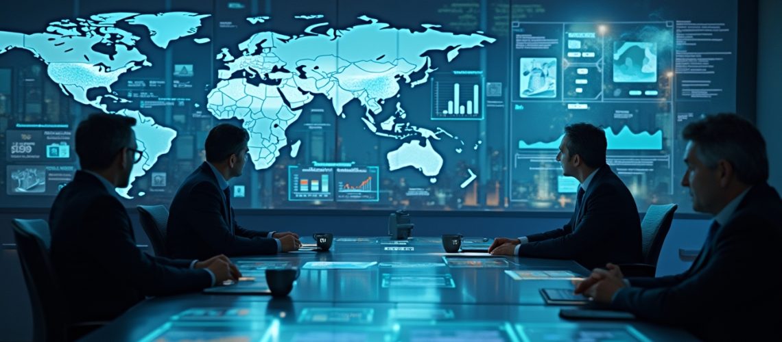 Four people in a conference room analyzing data on large digital world map displays.