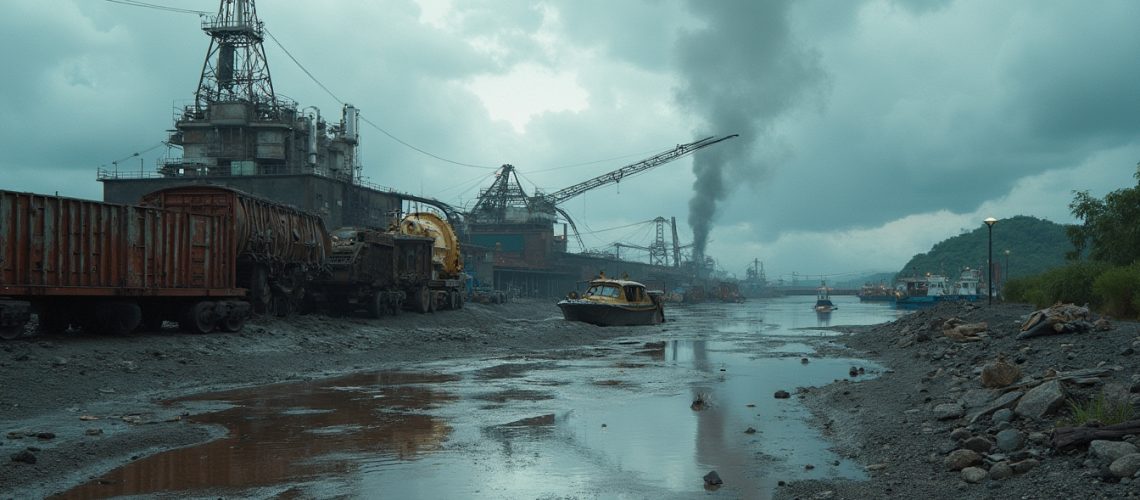 Industrial waterfront landscape with cranes, smoke, and boats on a cloudy day.