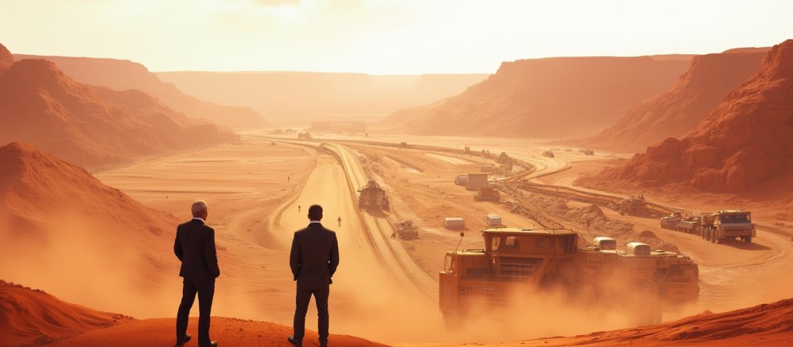 Two men in suits overlook a vast desert construction site with machinery and winding roads.