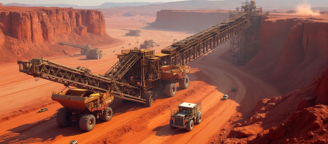 Mining vehicles in a vast desert landscape.