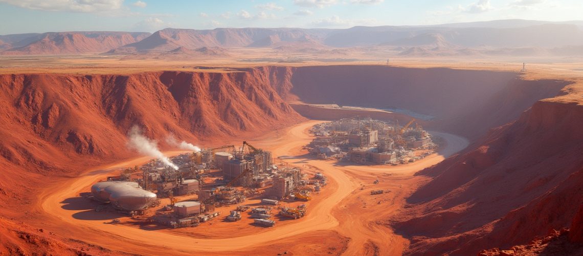 Mining vehicles in a vast desert landscape.