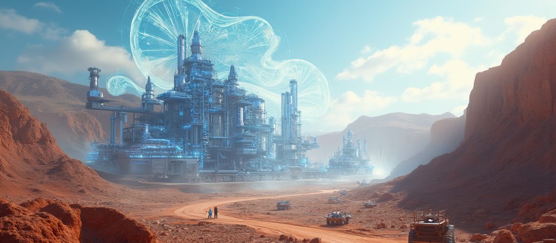 Futuristic mining facility in desert landscape.