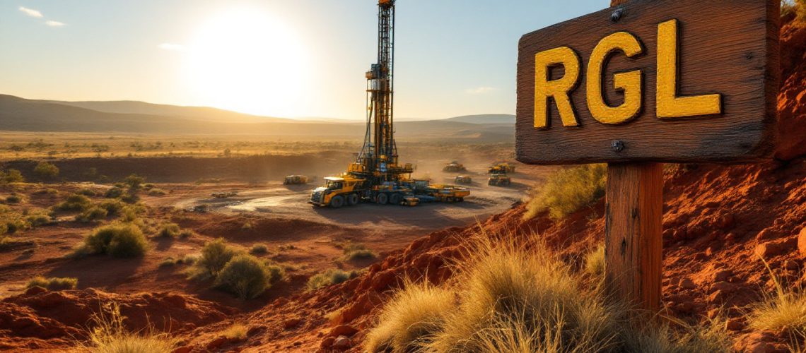 Riversgold Ltd-RGL-Sunset over a desert landscape with a drilling rig and a wooden sign reading "RGL."